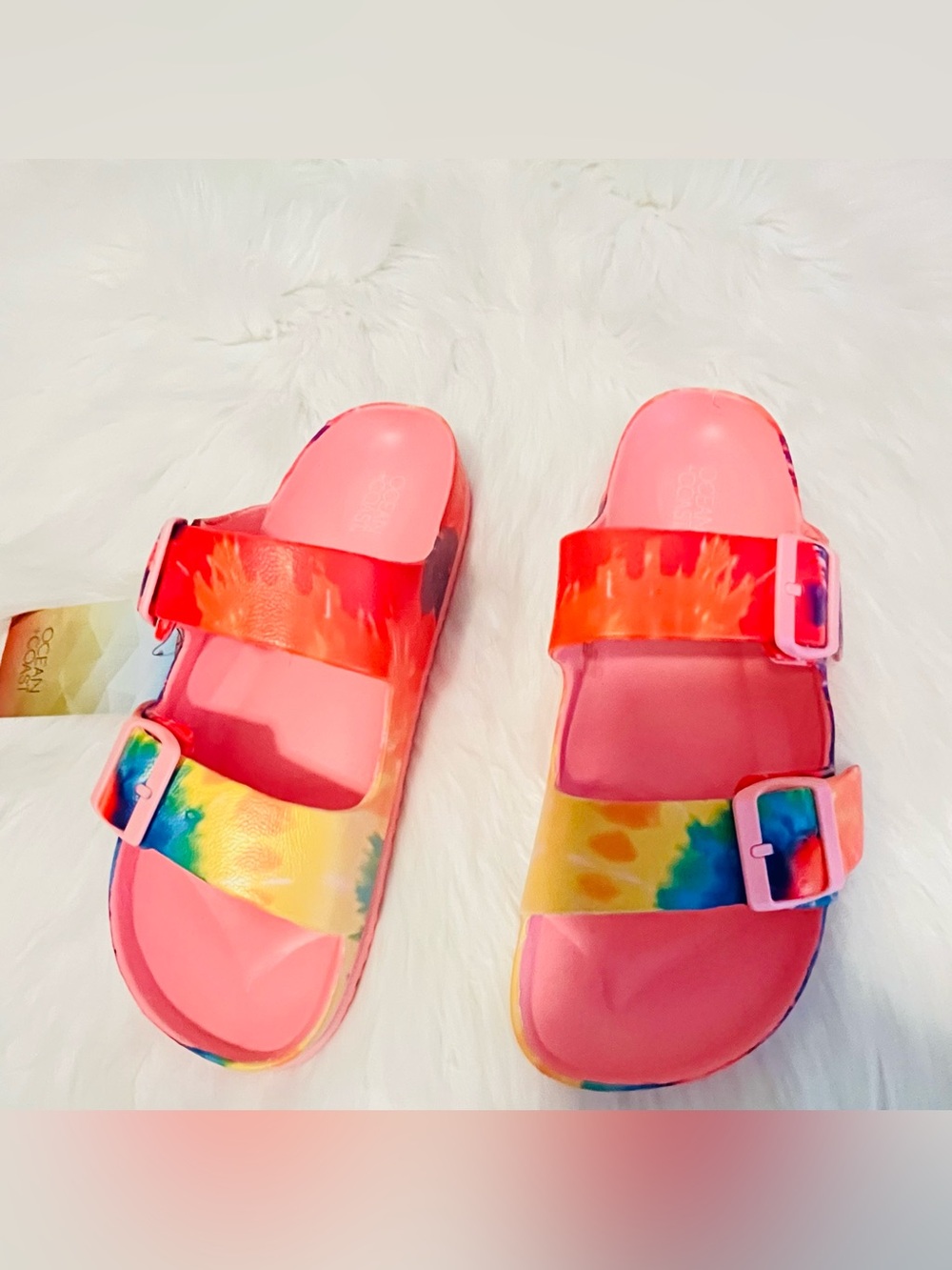 Ocean Coast Women’s Pink Tie-Dye Double Buckle Slide Sandals, Slip-On Size 10 - Picture 6 of 7